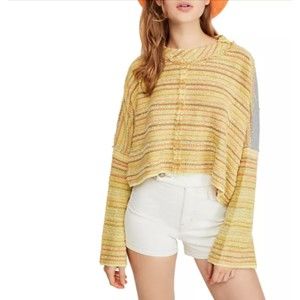 Free People Catalina Pullover Womens S Yellow Stripe Cropped Sweater Sweatshirt